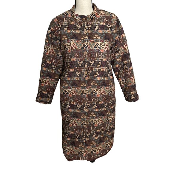 NWT Winter Aztec Long Coat Brown Geometric Button Up Shearling Slot Pockets XL - Picture 1 of 8